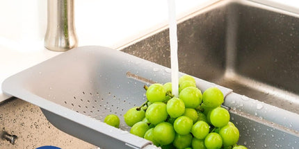 Sink drain basket - Strainer - Washing vegetables and fruit - Draining cooked pasta and drying dishes - Extendable and telescopic - New kitchen accessories for the home - Grey