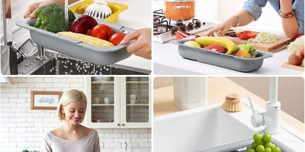 Sink drain basket - Strainer - Washing vegetables and fruit - Draining cooked pasta and drying dishes - Extendable and telescopic - New kitchen accessories for the home - Grey