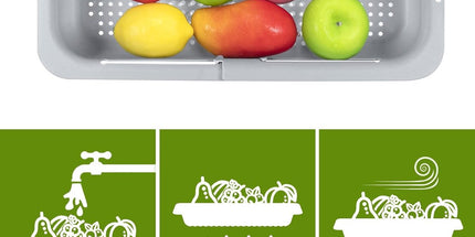 Sink drain basket - Strainer - Washing vegetables and fruit - Draining cooked pasta and drying dishes - Extendable and telescopic - New kitchen accessories for the home - Grey