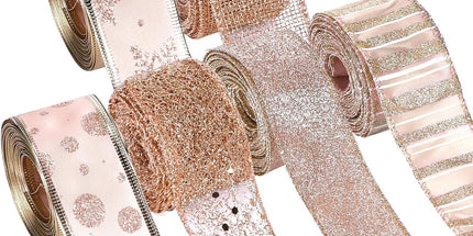 6 Rolls - Sparkling Gold Silk - Suitable for Christmas Trees, Gift Bows, DIY Crafts, Wreaths & Home Decor - 1.5" Wide x 19" Long (Rose Gold)