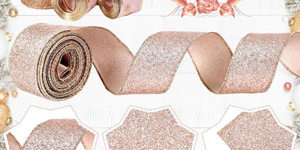 6 Rolls - Sparkling Gold Silk - Suitable for Christmas Trees, Gift Bows, DIY Crafts, Wreaths & Home Decor - 1.5" Wide x 19" Long (Rose Gold)