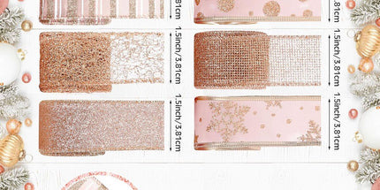 6 Rolls - Sparkling Gold Silk - Suitable for Christmas Trees, Gift Bows, DIY Crafts, Wreaths & Home Decor - 1.5" Wide x 19" Long (Rose Gold)