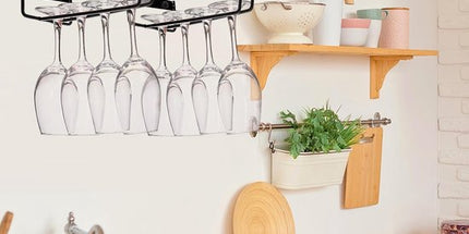 Hanging Wine Glass Rack - Set of Six - Inverted Wine Glass Holder - Organizer and Storage Rack for Mugs and Glassware - For Kitchen and Home Use
