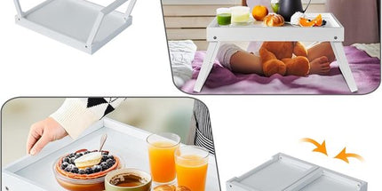 Folding table - Multifunctional folding table for home - Folding bamboo bedside table - Can be used as a dining table, TV table, laptop table, snack table, sofa table or work table - White