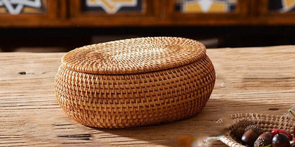 Tea Box - Rattan Storage Box - Hand-woven Storage Box with Lid - Multifunctional Desk Storage Basket - Suitable for home, farmhouse, kitchen, bathroom, picnic, storing food, bread, fruits and other tableware.