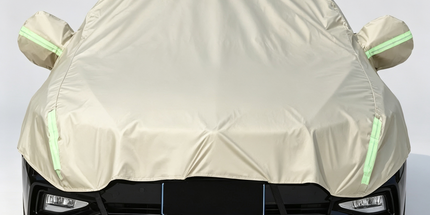 Half Car Cover Sedan with Green Reflective Strip,All Weather Car Body Cover for Sun, Rain, Dust(Fit People Movers,Utes Length 5.2m to 5.8m)-Sand gold