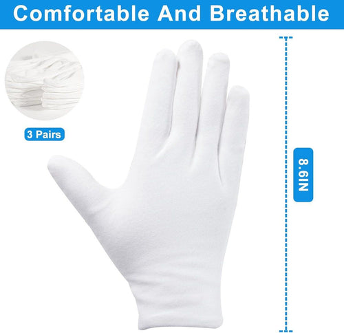 3 Pairs White Cotton Gloves, Soft Breathable Sleeping Gloves for Dry Hands, Skincare, Jewelry Handling and Daily Protection