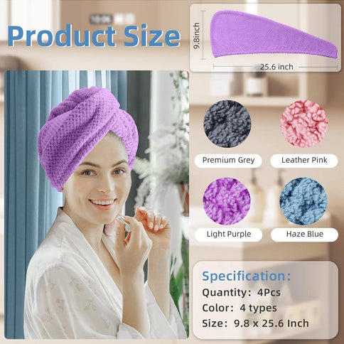 4 Pack Microfiber Hair Towel Wraps, Quick Drying Hair Turban Towels for Long Hair, Bathing, Showering and Daily Hair Care