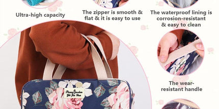 Women's Floral Toiletry Bag, Water Repellent Makeup Travel Case with Handle, 30 x 21 x 12 cm Organizer for Cosmetics
