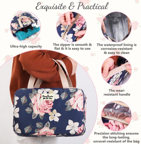 Women's Floral Toiletry Bag, Water Repellent Makeup Travel Case with Handle, 30 x 21 x 12 cm Organizer for Cosmetics