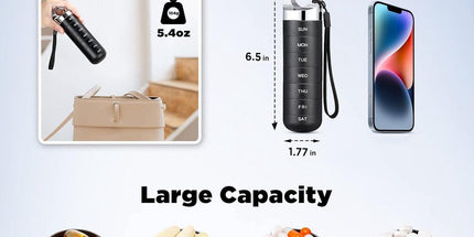 Metal Travel Pill Box, Portable Waterproof Weekly Pill Box, Large Aluminum Alloy Pill Holder, for Vitamins, Fish Oil, Supplements, Black