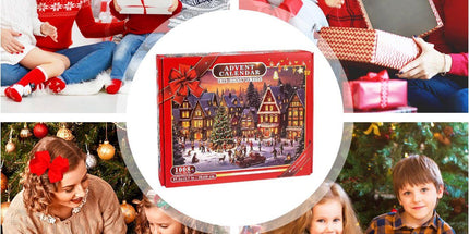 1008 Pieces Advent Calendar Jigsaw Puzzle with 24 Numbered Boxes, Christmas Village Design for Adults and Children, Red, 52 x 75 cm