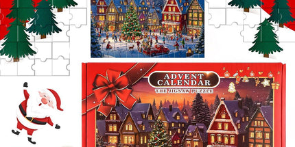 1008 Pieces Advent Calendar Jigsaw Puzzle with 24 Numbered Boxes, Christmas Village Design for Adults and Children, Red, 52 x 75 cm