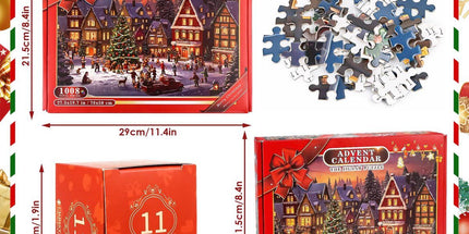 1008 Pieces Advent Calendar Jigsaw Puzzle with 24 Numbered Boxes, Christmas Village Design for Adults and Children, Red, 52 x 75 cm