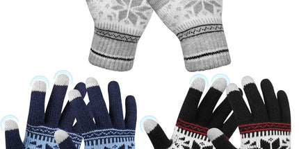 3 Pairs Touch Screen Gloves with Snow Flower Pattern, Warm Knit Winter Gloves Christmas Gifts Stocking Stuffers for Women Gray Blue White