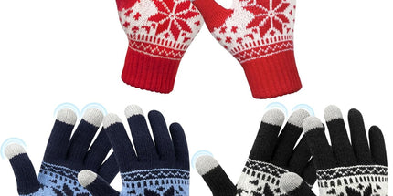 3 Pairs Touch Screen Gloves with Snow Flower Pattern, Warm Knit Winter Gloves Christmas Gifts Stocking Stuffers for Women Red1 Blue White
