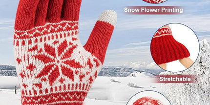 3 Pairs Touch Screen Gloves with Snow Flower Pattern, Warm Knit Winter Gloves Christmas Gifts Stocking Stuffers for Women Red1 Blue White