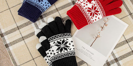 3 Pairs Touch Screen Gloves with Snow Flower Pattern, Warm Knit Winter Gloves Christmas Gifts Stocking Stuffers for Women Red1 Blue White