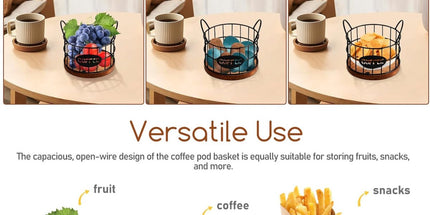 Storage basket - Storage rack - Coffee capsule storage rack - Fruit basket - Home storage accessories - Wooden base - Suitable for home, coffee bars, and offices - Black - 13*13*12 cm