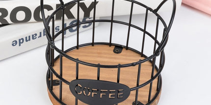 Storage basket - Storage rack - Coffee capsule storage rack - Fruit basket - Home storage accessories - Wooden base - Suitable for home, coffee bars, and offices - Black - 13*13*12 cm