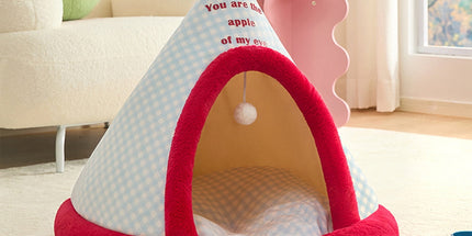 Apples Christmas Tent Christmas Pet Bed Semi Enclosed Cats Bed Dog Bed Removable And Washable Dog Bed Winter Warm Cats Bed As shown