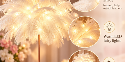 Ostrich Feather Table Lamp White, 80 Hand-Woven Natural Feathers, 3 Colour Temperature Touch Dimming, USB Rechargeable LED Bedside Lamp with Gold Metal Base Tyack eCommerce Solutions