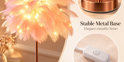 Ostrich Feather Table Lamp Pink, 80 Hand-Woven Natural Feathers, 3 Colour Temperature Touch Dimming, USB Rechargeable LED Bedside Lamp with Gold Metal Base Tyack eCommerce Solutions