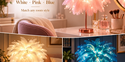 Ostrich Feather Table Lamp Blue, 80 Hand-Woven Natural Feathers, 3 Colour Temperature Touch Dimming, USB Rechargeable LED Bedside Lamp with Gold Metal Base Tyack eCommerce Solutions