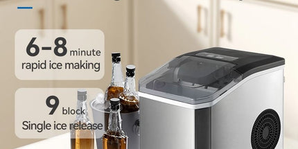 Ice Maker Countertop, Portable Ice Machine with Carry Handle, 26.5lbs Per Day, 9 Cubes in 6 Mins, Auto-Cleaning, with Basket and Scoop, for Home, Kitchen, Camping, RV