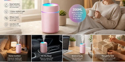USB Mini Humidifier 300ML Dual Cotton Wicks Grey Boxed, Christmas Gift
