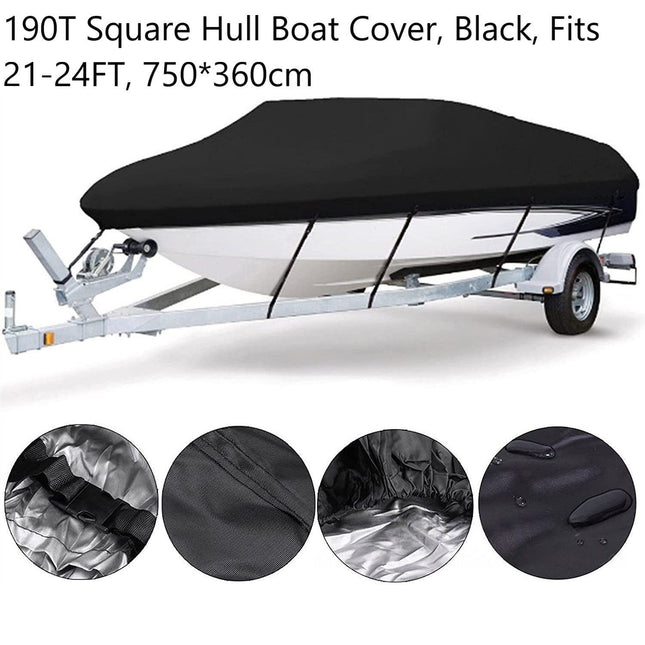 190T Polyester Taffeta Square Hull Boat Cover, Dustproof Waterproof Outdoor Vessel Protector, Black, Fits 21-24FT, 750cm*360cm, Heavy Duty Outdoor Boat Shield