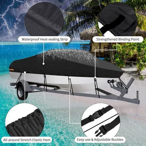 190T Polyester Taffeta Square Hull Boat Cover, Dustproof Waterproof Outdoor Vessel Protector, Black, Fits 21-24FT, 750cm*360cm, Heavy Duty Outdoor Boat Shield