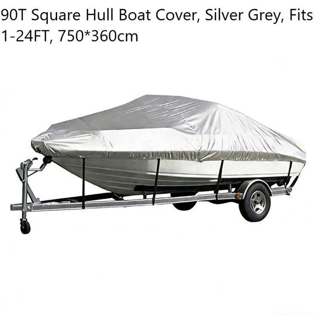 190T Polyester Taffeta Square Hull Boat Cover, UV Protective Outdoor Yacht Shield Against Rain & Dust, Silver Grey, Fits 21-24FT, 750cm*360cm, Light Tone Marine Cover