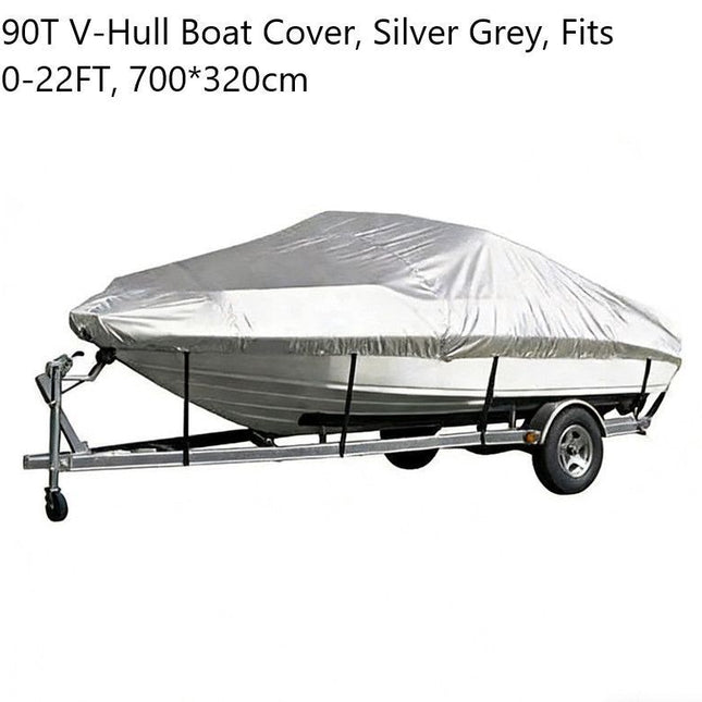 190T Polyester Taffeta V-Hull Boat Cover, Multi-Purpose Outdoor Dustproof Sun Protection Yacht Cover, Silver Grey, Fits 20-22FT, 700cm*320cm, Reliable Open Air Vessel Cover