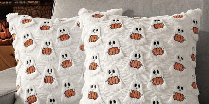 2PCS Halloween Decor Short Plush Cushion Shell, White Ghost Pattern Pillow Cover, Ideal For Living Room Couch Decor, 45x45cm, Pillow Insert Not Included