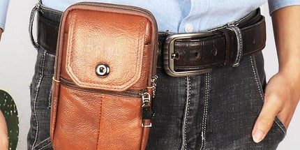 Men’s Leather Phone Waist Bag, Vertical Belt Pouch, Multi‑Purpose Crossbody Shoulder Smartphone Holder
