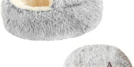 Cave Cat Bed 40cm, Donut Calming Anti‑Anxiety Pet Bed, Grey‑White for Cats & Small Dogs