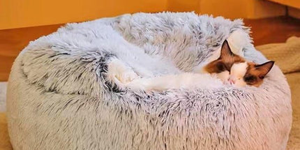 Cave Cat Bed 40cm, Donut Calming Anti‑Anxiety Pet Bed, Grey‑White for Cats & Small Dogs