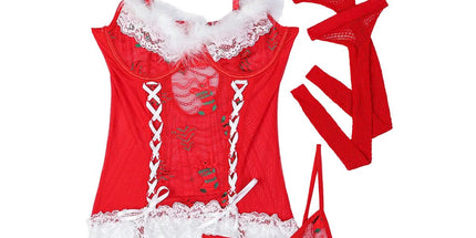 House Of Dasein Christmas Red Lace Cross Band Feather Strap Three Piece Set - Red - S