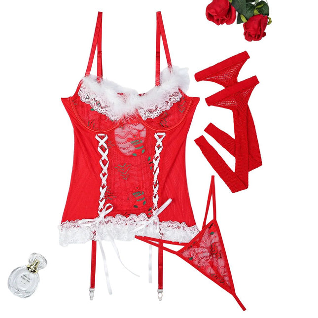 House Of Dasein Christmas Red Lace Cross Band Feather Strap Three Piece Set - Red - M