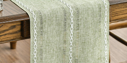 Sage Green Rustic Cotton Linen Table Runner, Seasonal Embroidered Hollow Kitchen Dining Table Decoration for Home Party Decor 13x72 Inch