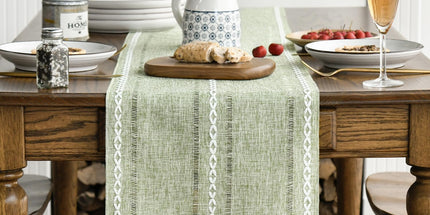 Sage Green Rustic Cotton Linen Table Runner, Seasonal Embroidered Hollow Kitchen Dining Table Decoration for Home Party Decor 13x72 Inch