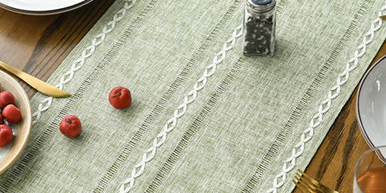 Sage Green Rustic Cotton Linen Table Runner, Seasonal Embroidered Hollow Kitchen Dining Table Decoration for Home Party Decor 13x72 Inch