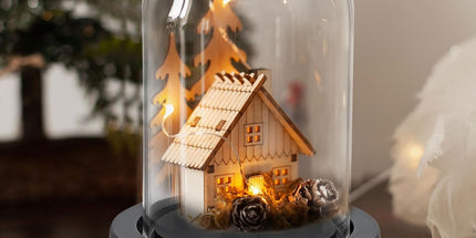 Glass Dome with Black Wooden Base - Clock Shaped Display Case - Home Decor - Desk Ornament - Christmas Decoration for Indoor Use