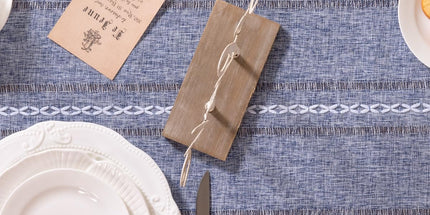 Farmhouse Table Runner 108 inches Macrame Woven Coffee Table Runner Cotton Rustic Fall Thanksgiving Table Runner with Tassels for Boho Home Decor Living Dining Room 13x108 inches Dusty Blue