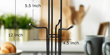Mug Tree for Large Cups, Counter Coffee Mug Holder with 6 Hooks, Metal Coffee Cup Holder Tree, Standing Rack for Countertop, Kitchen Counter Decor, Black