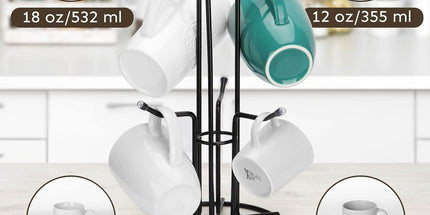 Mug Tree for Large Cups, Counter Coffee Mug Holder with 6 Hooks, Metal Coffee Cup Holder Tree, Standing Rack for Countertop, Kitchen Counter Decor, Black