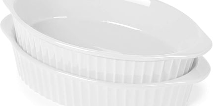 Porcelain Small Oval Au Gratin Pans, Baking Dish Set for 1 or 2 person servings, Bakeware with Double Handle for Kitchen and Home, Set of 2 (White)