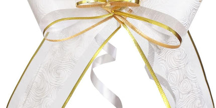 Pull Bows for Gift Wrapping, 15 PCS Large Gift Bow Bulk for Presents Package, Gift Baskets, Christmas, Wedding, and Party Decor (White with Tulle & Gold line, 6 inches)