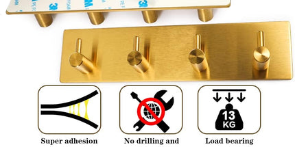 Key Holder for Christmas Wall Decorative, Adhesive Stainless Steel Key Hooks, Key Hanger Key Organizer Towel Hook Coat Hanger for Entryway Hallway Kitchen (Four Rows, Golden 1 PC)